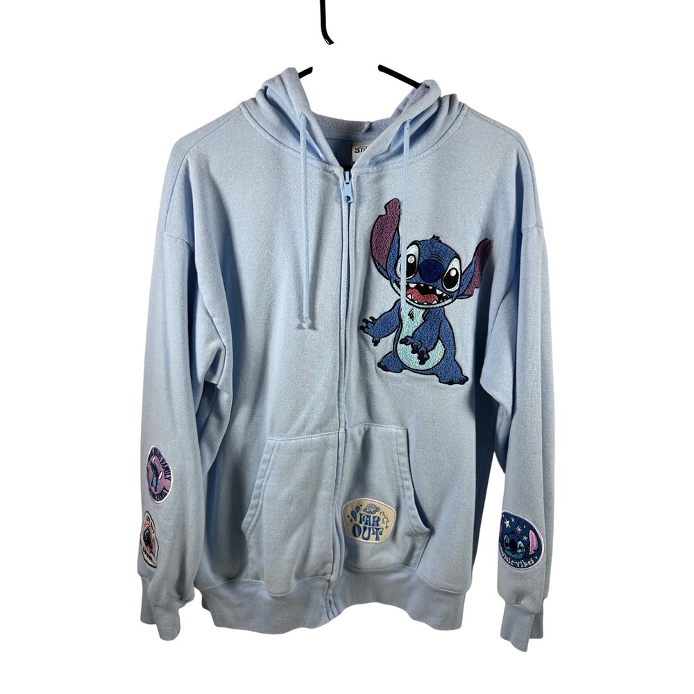 Disney Stitch Zip Up Hoodie L Light Blue Embroidered Patch‎ Fleece Womens